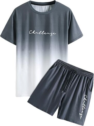 WDIRARA Men's 2 Piece Outfits Letter Print Color Block Tee and Drawstring Shorts Set in Saudi Arabia