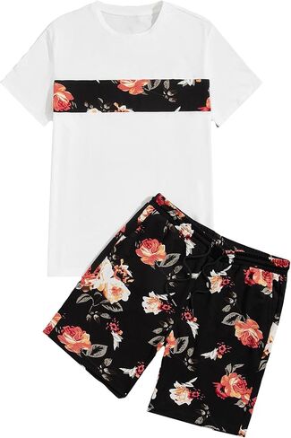 WDIRARA Men's 2 Piece Outfits Letter Print Color Block Tee and Drawstring Shorts Set in Saudi Arabia