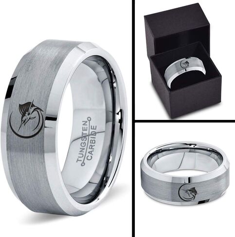 Marlin Marlins Sea Animal Creature Fish Ring - Tungsten Band 8mm - Men - Women - 18k Rose Gold Step Bevel Edge - Yellow - Grey - Blue - Black - Brushed - Polished - Wedding - Gift Dome Flat Cut in Saudi Arabia