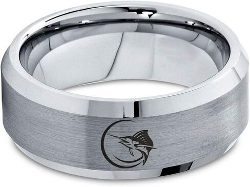Marlin Marlins Sea Animal Creature Fish Ring - Tungsten Band 8mm - Men - Women - 18k Rose Gold Step Bevel Edge - Yellow - Grey - Blue - Black - Brushed - Polished - Wedding - Gift Dome Flat Cut in Saudi Arabia