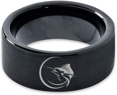 Marlin Marlins Sea Animal Creature Fish Ring - Tungsten Band 8mm - Men - Women - 18k Rose Gold Step Bevel Edge - Yellow - Grey - Blue - Black - Brushed - Polished - Wedding - Gift Dome Flat Cut in Saudi Arabia