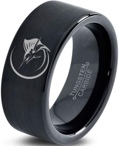 Marlin Marlins Sea Animal Creature Fish Ring - Tungsten Band 8mm - Men - Women - 18k Rose Gold Step Bevel Edge - Yellow - Grey - Blue - Black - Brushed - Polished - Wedding - Gift Dome Flat Cut in Saudi Arabia