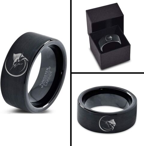Marlin Marlins Sea Animal Creature Fish Ring - Tungsten Band 8mm - Men - Women - 18k Rose Gold Step Bevel Edge - Yellow - Grey - Blue - Black - Brushed - Polished - Wedding - Gift Dome Flat Cut in Saudi Arabia