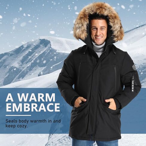 Molemsx Long Jacket For Men Down Coats For Men, Men's Winter Jacket Warm Parka Puffer Jacket Men's Down Jackets & Coats Winter Down Jacket for Cold Weather with Hood Faux-Fur Trim Black L-Regular in Saudi Arabia