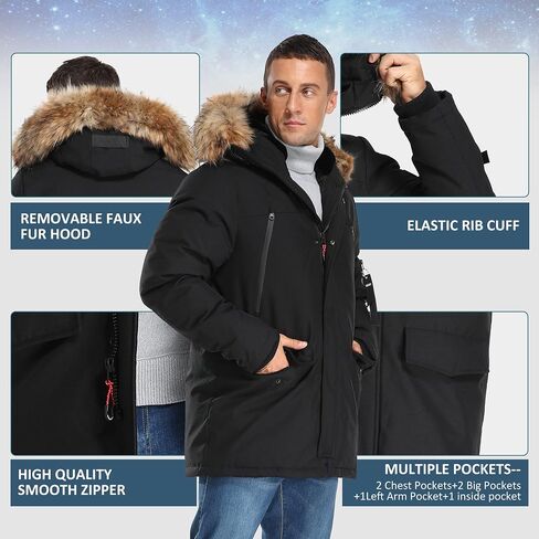 Molemsx Long Jacket For Men Down Coats For Men, Men's Winter Jacket Warm Parka Puffer Jacket Men's Down Jackets & Coats Winter Down Jacket for Cold Weather with Hood Faux-Fur Trim Black L-Regular in Saudi Arabia