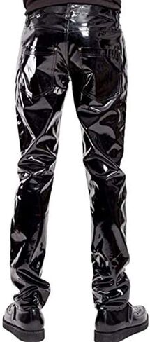 DISKEY Men's PU Faux Leather Pants Casual Long Slim Fit Straight Leg Bliker Pants in Saudi Arabia