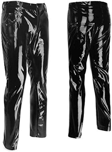 DISKEY Men's PU Faux Leather Pants Casual Long Slim Fit Straight Leg Bliker Pants in Saudi Arabia