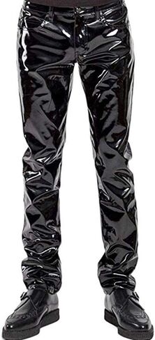 DISKEY Men's PU Faux Leather Pants Casual Long Slim Fit Straight Leg Bliker Pants in Saudi Arabia