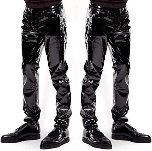 DISKEY Men's PU Faux Leather Pants Casual Long Slim Fit Straight Leg Bliker Pants in Saudi Arabia