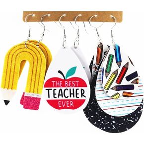 3 Pairs Teacher Pencil Drop Dangle Earrings Set PU Leather Heart Science Course Teardrop for Student Teacher Appreciation Class Subject Learning Back To School Funny Jewelry