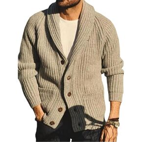 Mens Shawl Collar Knitted Cardigan Men Button Down Open Front Ribbed Knit Sweater Khaki Knitwear with Pocket in Saudi Arabia