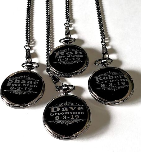 4 Custom Engraved Pocket Watches - Gift Set for His or her Wedding Set - Groomsmen Personalized Watches with Chain and Box Included - Engraving Included in Kuwait