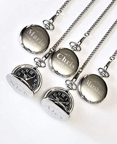 4 Custom Engraved Pocket Watches - Gift Set for His or her Wedding Set - Groomsmen Personalized Watches with Chain and Box Included - Engraving Included in Kuwait