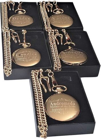 4 Custom Engraved Pocket Watches - Gift Set for His or her Wedding Set - Groomsmen Personalized Watches with Chain and Box Included - Engraving Included in Kuwait