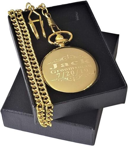 4 Custom Engraved Pocket Watches - Gift Set for His or her Wedding Set - Groomsmen Personalized Watches with Chain and Box Included - Engraving Included in Kuwait