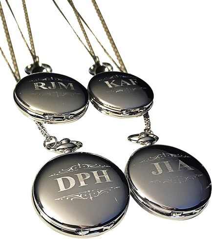 4 Custom Engraved Pocket Watches - Gift Set for His or her Wedding Set - Groomsmen Personalized Watches with Chain and Box Included - Engraving Included in Kuwait