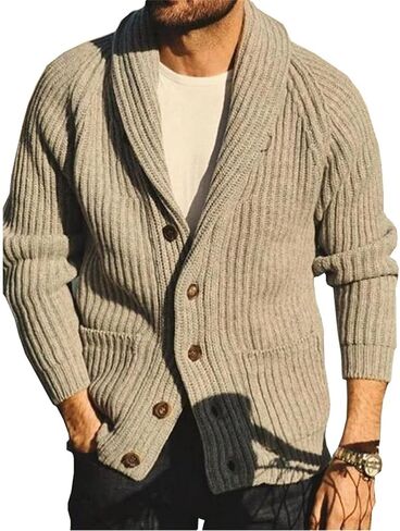 Mens Shawl Collar Knitted Cardigan Men Button Down Open Front Ribbed Knit Sweater Khaki Knitwear with Pocket in Saudi Arabia
