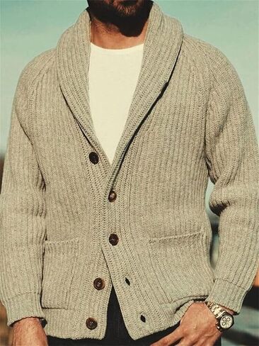 Mens Shawl Collar Knitted Cardigan Men Button Down Open Front Ribbed Knit Sweater Khaki Knitwear with Pocket in Saudi Arabia