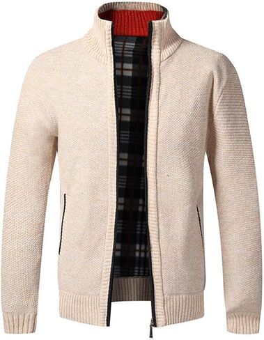 Lu's Chic Men's Long Sleeve Cardigan Sweater Business Casual Thick Knitted Warm Fleece Lined Slim Fit Sweater Jacket Pocket in Saudi Arabia