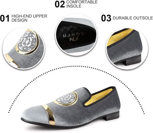 XQWFH Mens Rhinestone Loafers Velvet Tuxedo Dress Shoes with Gold Plate Smoking Slippers Slip-On Penny Party Wedding Casual Shoes in Kuwait