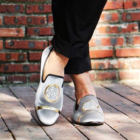 XQWFH Mens Rhinestone Loafers Velvet Tuxedo Dress Shoes with Gold Plate Smoking Slippers Slip-On Penny Party Wedding Casual Shoes in Kuwait