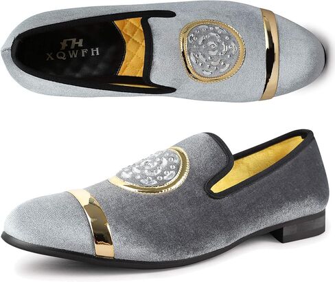 XQWFH Mens Rhinestone Loafers Velvet Tuxedo Dress Shoes with Gold Plate Smoking Slippers Slip-On Penny Party Wedding Casual Shoes in Kuwait