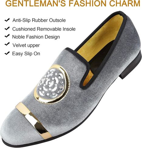 XQWFH Mens Rhinestone Loafers Velvet Tuxedo Dress Shoes with Gold Plate Smoking Slippers Slip-On Penny Party Wedding Casual Shoes in Kuwait