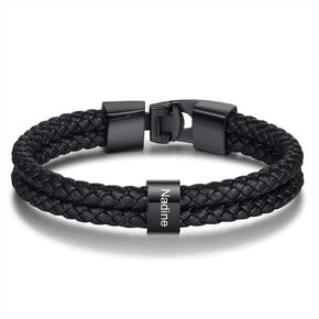Personalized Men’s Bracelets Black Braid Leather Bracelets with 1-8 Names Customized Beads Custom ID Bracelet for Men in Saudi Arabia