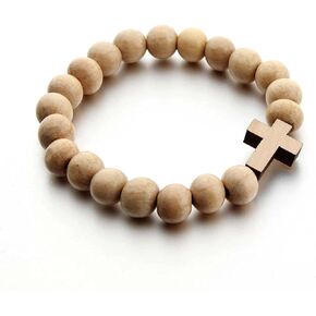 Wooden Cross Wood Beaded Bracelet for Women Men Religious Christian Jewelry Pray Baptism