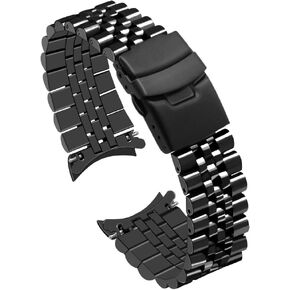 Stainless Steel Curved Ends Tapered 20mm 22mm 23mm 24mm Metal Watch Band Flexible Watch Strap Replacement Bracelet Deployment Double Flip Lock Buckle Silver Black