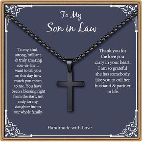 PAERAPAK Necklaces Gifts for Son in Law, Silver/Black Cross Necklace Cuban Chain Necklace for Son in Law, Fathers Day Christmas Gift for Son in Law
