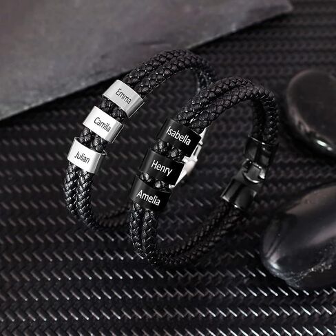 Personalized Men’s Bracelets Black Braid Leather Bracelets with 1-8 Names Customized Beads Custom ID Bracelet for Men in Saudi Arabia