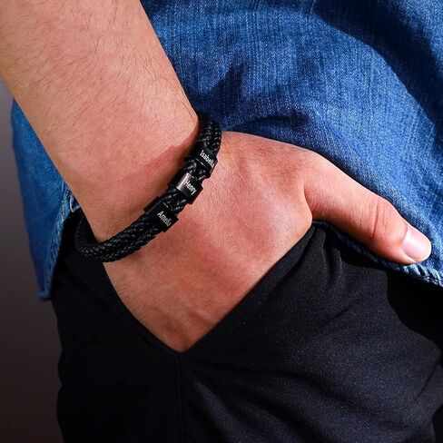 Personalized Men’s Bracelets Black Braid Leather Bracelets with 1-8 Names Customized Beads Custom ID Bracelet for Men in Saudi Arabia