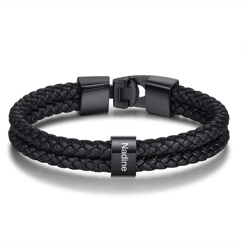 Personalized Men’s Bracelets Black Braid Leather Bracelets with 1-8 Names Customized Beads Custom ID Bracelet for Men in Saudi Arabia