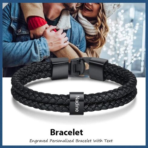 Personalized Men’s Bracelets Black Braid Leather Bracelets with 1-8 Names Customized Beads Custom ID Bracelet for Men in Saudi Arabia
