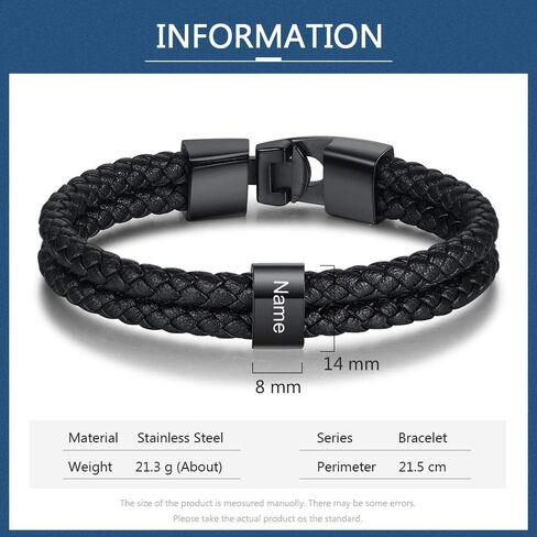 Personalized Men’s Bracelets Black Braid Leather Bracelets with 1-8 Names Customized Beads Custom ID Bracelet for Men in Saudi Arabia