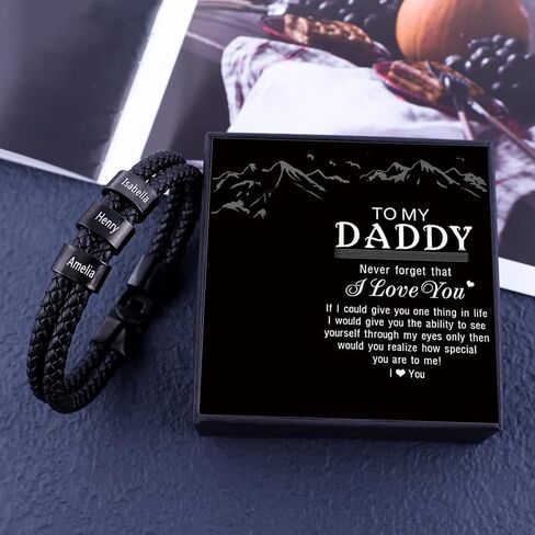 Personalized Men’s Bracelets Black Braid Leather Bracelets with 1-8 Names Customized Beads Custom ID Bracelet for Men in Saudi Arabia