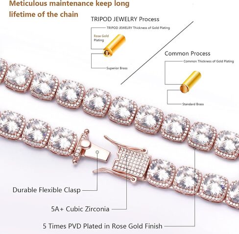 سوار تنس للرجال والنساء من TRIPOD JEWELRY مقاس 10 مم، سوار من الذهب عيار 18 قيراط/ذهب وردي/ذهب أبيض مطلي بسلسلة مثلج مع مشبك مثلج كامل in Kuwait