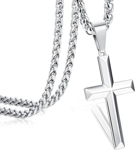IRONBOX 925 Sterling Silver Cross Necklace for Men Women 3MM Stainless Steel Strong Durable Wheat Chain Beveled Edge Crucifix Pendant Necklace Jewelry 16-30 Inches in Saudi Arabia