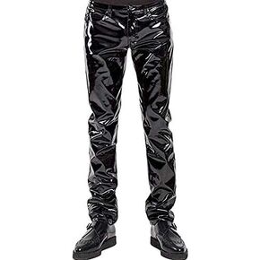 DISKEY Men's PU Faux Leather Pants Casual Long Slim Fit Straight Leg Bliker Pants in Saudi Arabia