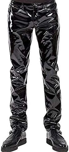 DISKEY Men's PU Faux Leather Pants Casual Long Slim Fit Straight Leg Bliker Pants in Saudi Arabia