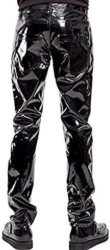 DISKEY Men's PU Faux Leather Pants Casual Long Slim Fit Straight Leg Bliker Pants in Saudi Arabia