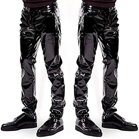 DISKEY Men's PU Faux Leather Pants Casual Long Slim Fit Straight Leg Bliker Pants in Saudi Arabia