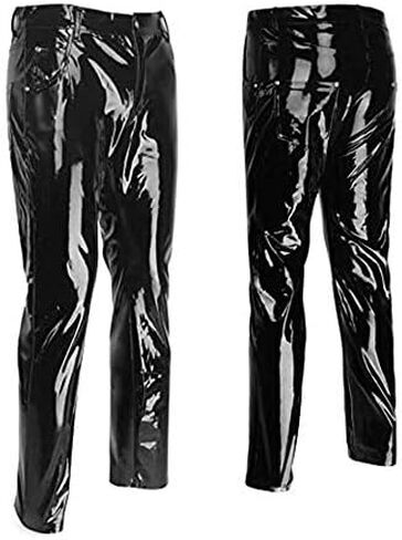 DISKEY Men's PU Faux Leather Pants Casual Long Slim Fit Straight Leg Bliker Pants in Saudi Arabia
