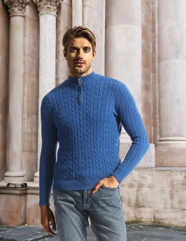 Surenow Men's Quarter-Zip Sweater Cable Knit Crew Neck Pullover Sweater Slim Fit Soft Thicken Casual Polo Sweaters for Men in Saudi Arabia