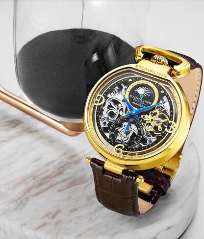 Stührling Original Mens Skeleton Watch Dial Automatic Watch with Calfskin Leather Band and - Dual Time, AM/PM Sun Moon in Saudi Arabia
