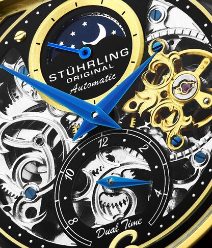 Stührling Original Mens Skeleton Watch Dial Automatic Watch with Calfskin Leather Band and - Dual Time, AM/PM Sun Moon in Saudi Arabia