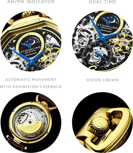 Stührling Original Mens Skeleton Watch Dial Automatic Watch with Calfskin Leather Band and - Dual Time, AM/PM Sun Moon in Saudi Arabia