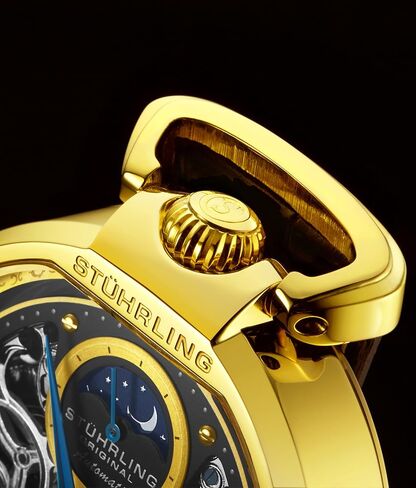Stührling Original Mens Skeleton Watch Dial Automatic Watch with Calfskin Leather Band and - Dual Time, AM/PM Sun Moon in Saudi Arabia
