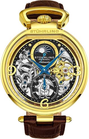 Stührling Original Mens Skeleton Watch Dial Automatic Watch with Calfskin Leather Band and - Dual Time, AM/PM Sun Moon in Saudi Arabia